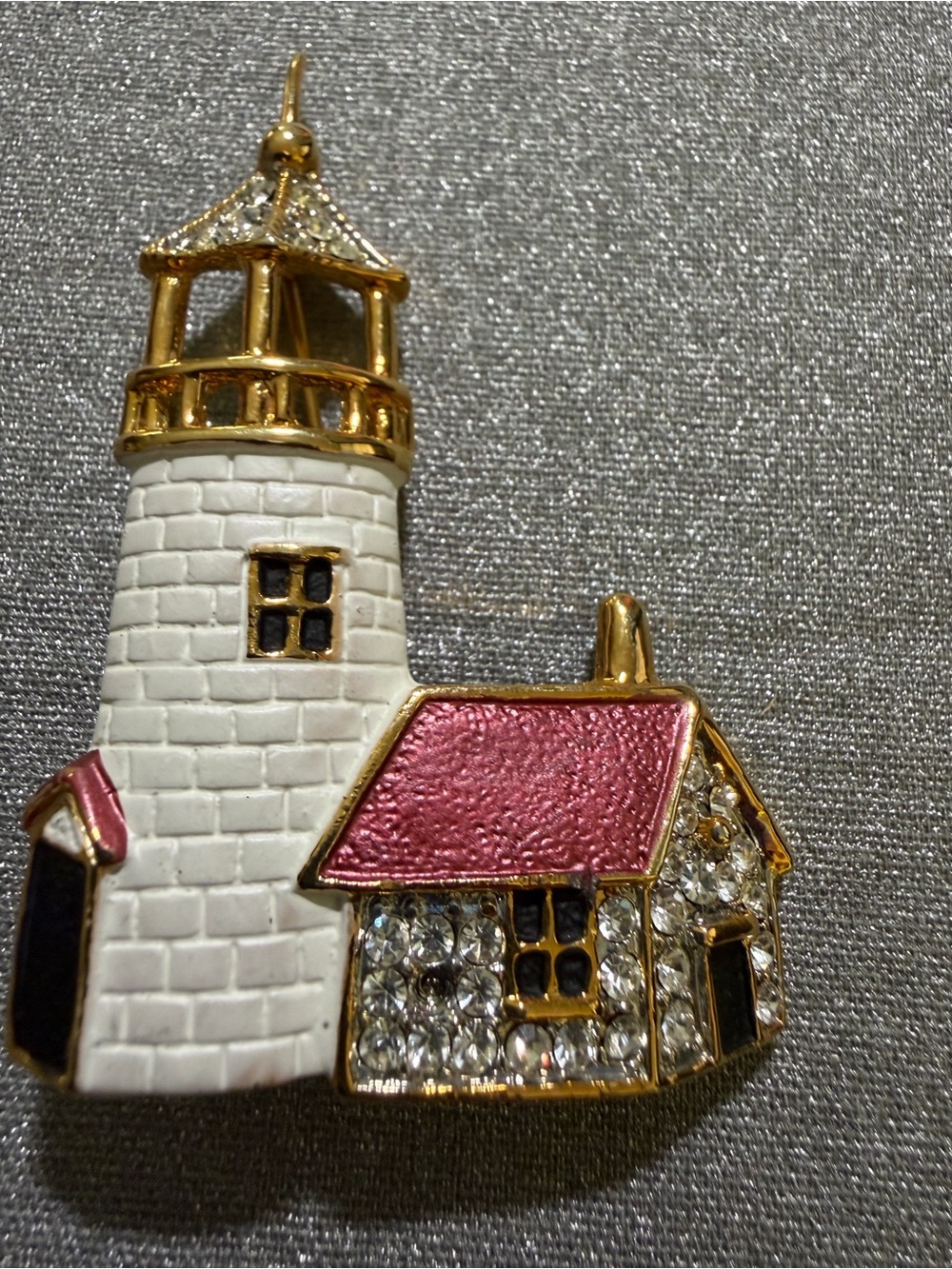 Vintage Lighthouse Cottage Rhinestone Enamel Gold Tone Brooch Pin Coastal
